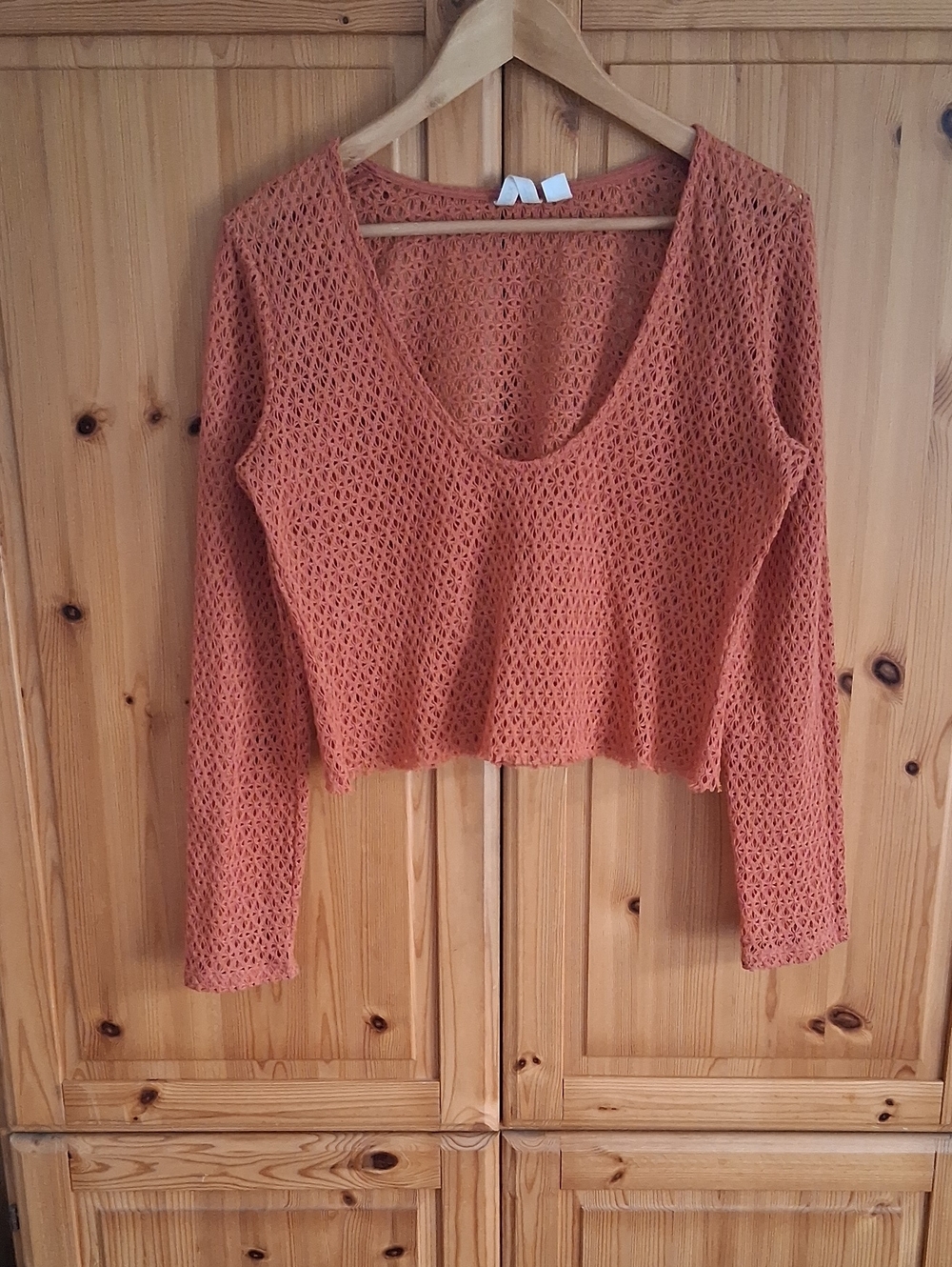 Roxy Scoop Neck Beachy Boho Long Sleeve Crochet Cropped Blouse Size L - Picture 2 of 7
